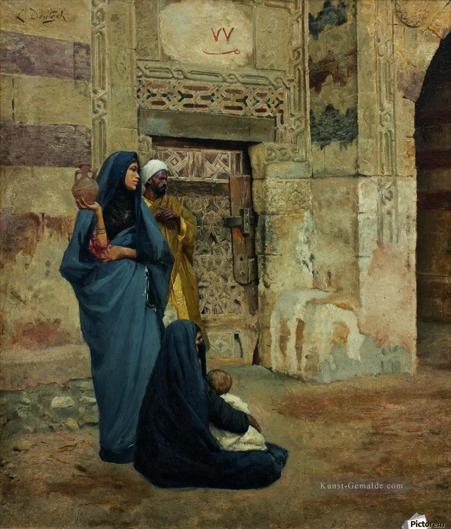 Eine Familie an der Tür in der Nähe des Eingangs Ludwig Deutsch Orientalismus Araber Ölgemälde